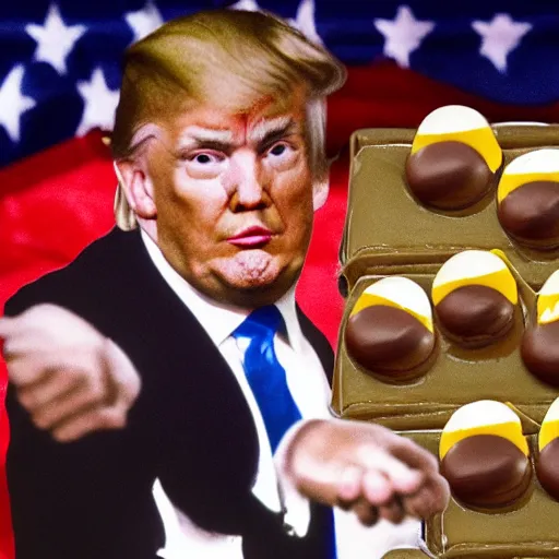 Image similar to donald j. trump shooting chocolate pudding from his fingertips onto liberals