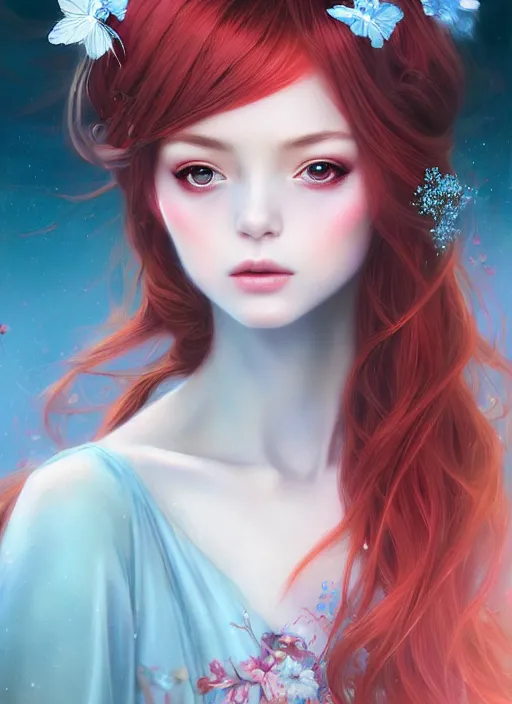 Prompt: dreamlike luxury stunning gorgeous woman fairy portrait, pale blue and red kimono, art by artgerm, wlop, loish, ilya kuvshinov, 8 k hyperrealistic, hyperdetailed, beautiful lighting, detailed background, depth of field, symmetrical face, frostbite 3 engine, cryengine,