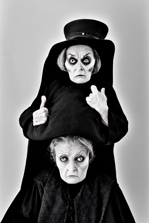 Prompt: a sour, serious faced old woman, a stereotypical undertaker from an old movie, black and white image, 3 5 mm lens studio photography