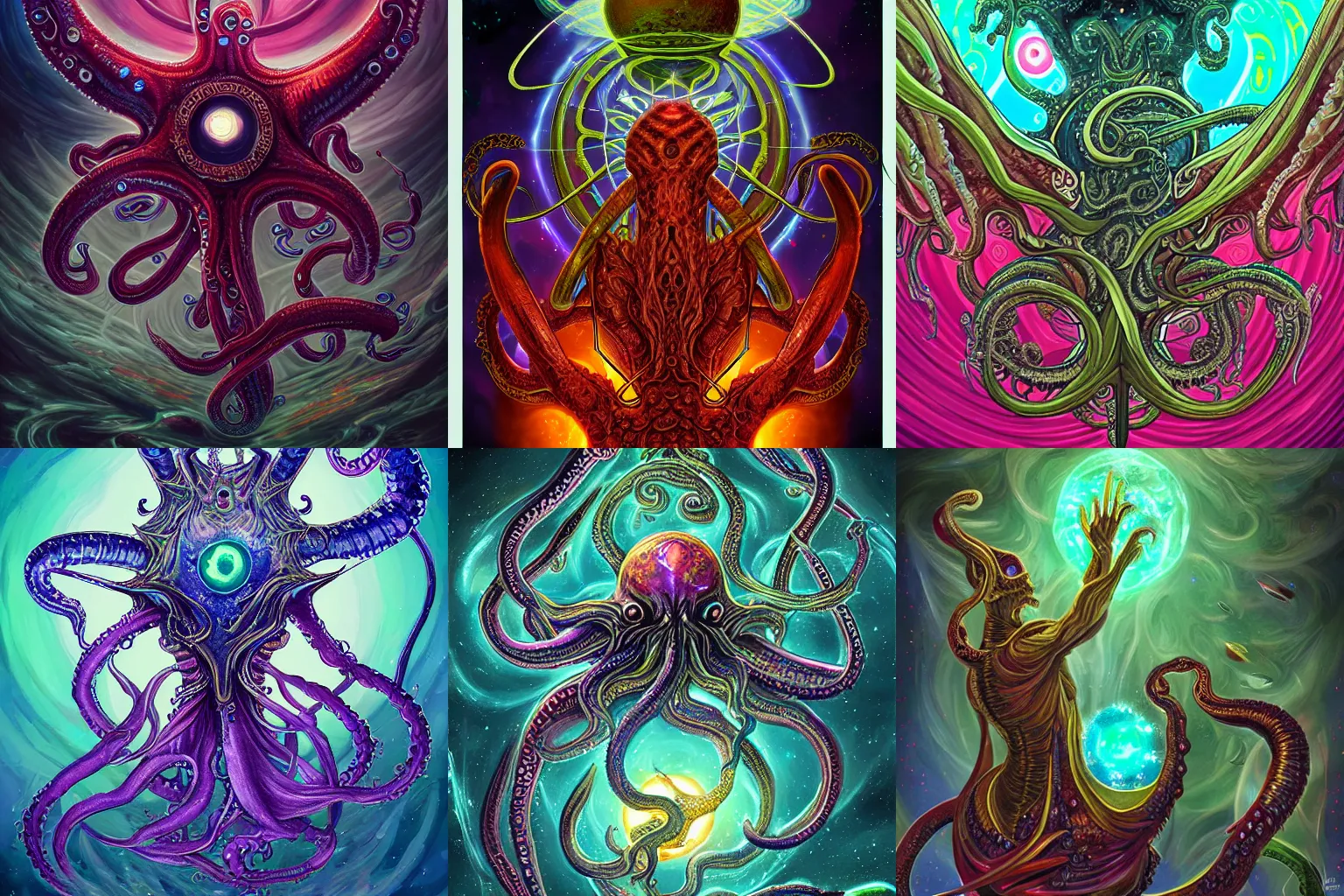 Prompt: digital tarot card painting of an elder god in space, hyperdetailed, tentacles, eldritch abomination, vivid colors, beautiful, trending on Artstation