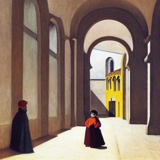 Image similar to in the distance, a little girl with short black hair and wearing a yellow coat alone in the inner courtyard of a cloister in an abbey, the light is bright and wintry, painting by hopper and de chirico