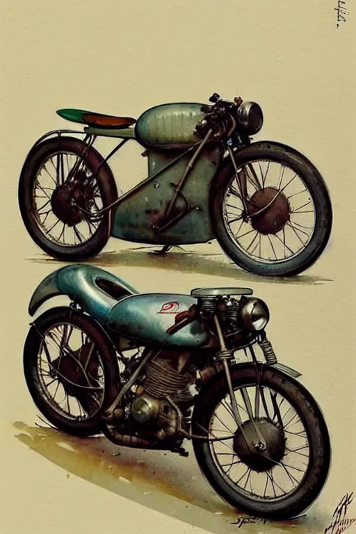 Image similar to (((((1950s racing motorcycle with dustbin fairing . muted colors.))))) by Jean-Baptiste Monge !!!!!!!!!!!!!!!!!!!!!!!!!!!