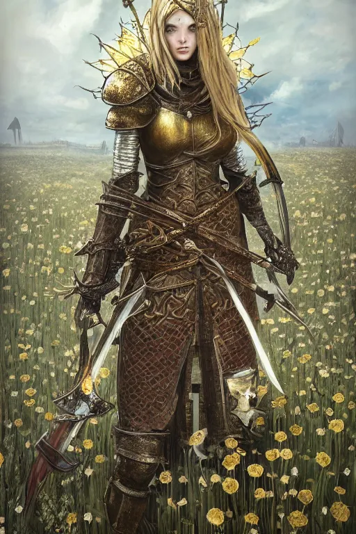 Prompt: portrait of a Girl Knight standing in the field of flowers,Dark Souls 3 themed, insanely detailed and intricate, golden ratio, elegant, ornate, luxury, elite, ominous, haunting, matte painting, cinematic, cgsociety, James jean, Brian froud, ross tran, Laputa