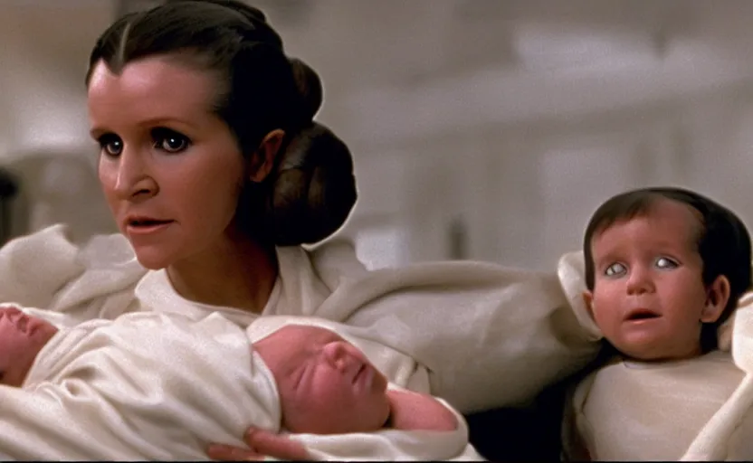 Image similar to screenshot of Princess Leia Organa holding a new born baby in a swaddle, Han Solo watches, iconic scene from 1970s film directed by by Stanley Kubrick, in a sci fi nursing home architecture, 4k HD sharp, cinematic still frame, photoreal, detailed face, moody lighting, stunning cinematography, anamorphic lenses, kodak color film stock