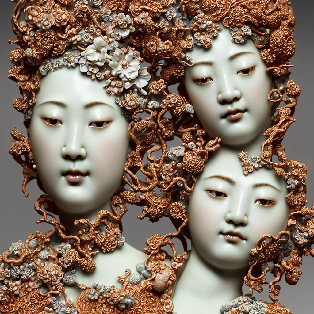 Image similar to The Goddess of Beauty, A Close up photo-real delicate ceramic porcelain sculpture of an ornate detailed in front of an intricate background by Victo Ngai and takato yamamoto, micro detail, backlit lighting, face in focus, subsurface scattering, translucent, thin porcelain, octane renderer, colorful, physically based rendering, japanese pottery, trending on cgsociety