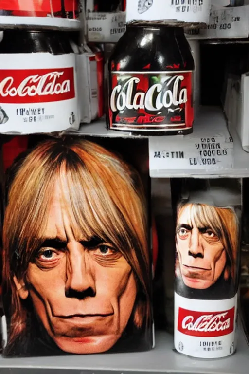 Image similar to a bottle of cola with iggy pop's face on the label, sitting on a store shelf