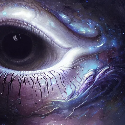 Image similar to low angle shot of a eye with the galaxy in the iris by clive barker, intricate, elegant, highly detailed, centered, digital painting, artstation, concept art, smooth, sharp focus, illustration, artgerm, Tomasz Alen Kopera, Peter Mohrbacher donato giancola, Joseph Christian Leyendecker, WLOP, Boris Vallejo.