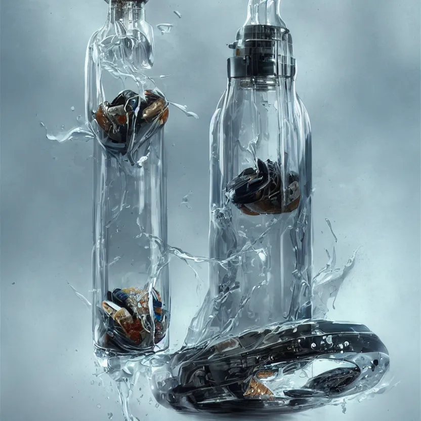 Image similar to concept art of a pagani dietary supplement with white liquid in a transparent bottle with big black sticker on it, by aenaluck, artgerm and roberto ferri and greg rutkowski, light blue and white tones, digital painting, artstation, concept art, smooth, sharp foccus ilustration hq