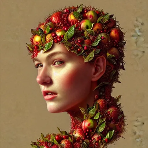 Image similar to portrait made of apples and fruit, fantasy, intricate, elegant, highly detailed, lifelike, photorealistic, digital painting, artstation, illustration, smooth, sharp focus, art by scott davidson, albert aublet, krenz cushart, artem demura, giuseppe arcimboldo