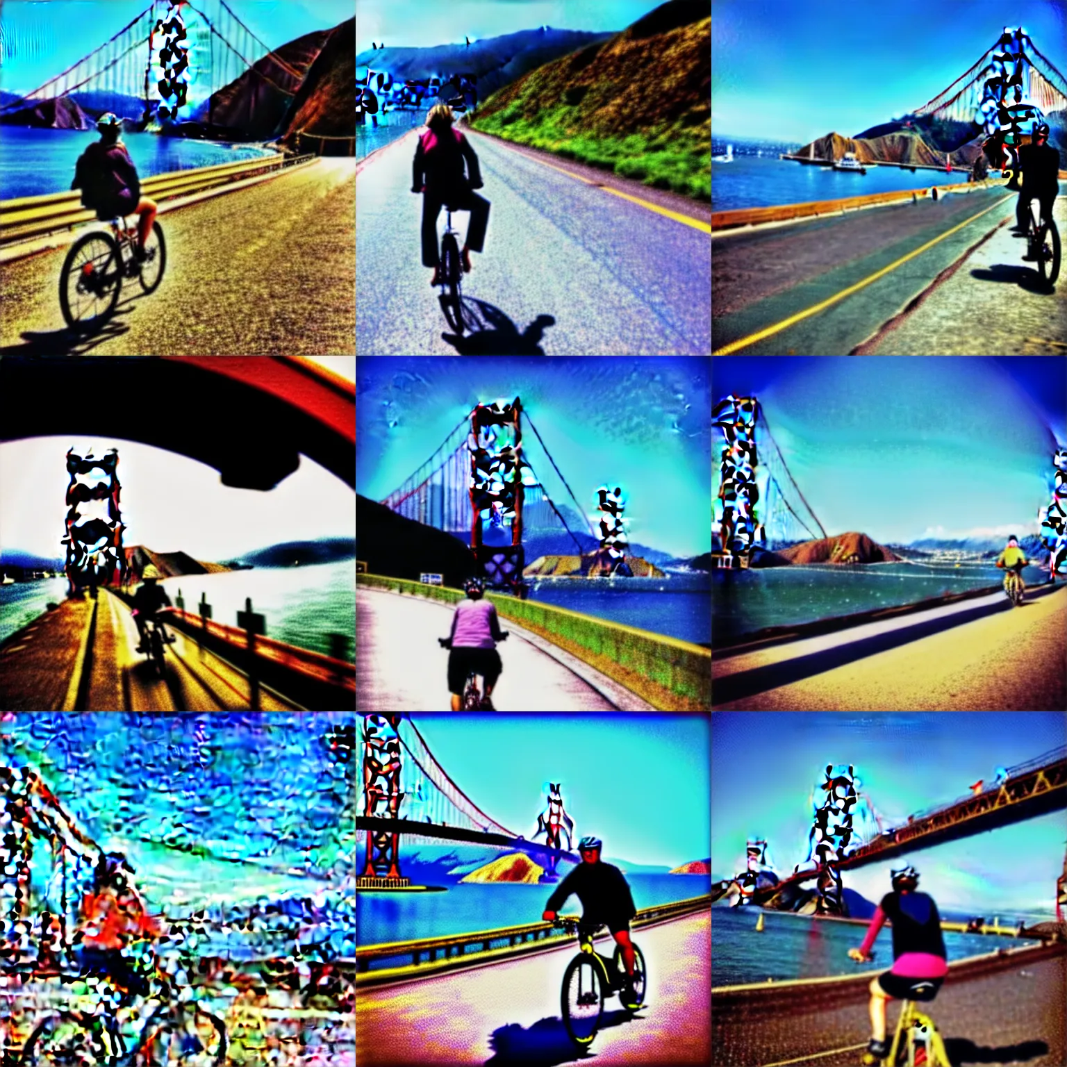 Prompt: riding bike on golden gate. in the style of arcane