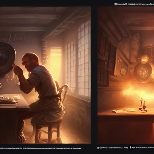 Image similar to a man and a room melting in a room with two computers, d & d, fantasy digital painting, trending on artstation, concept art, sharp focus, illustration, global illumination, ray tracing, realistic shaded, art by artgerm and greg rutkowski and fuji choko and viktoria gavrilenko and hoang lap