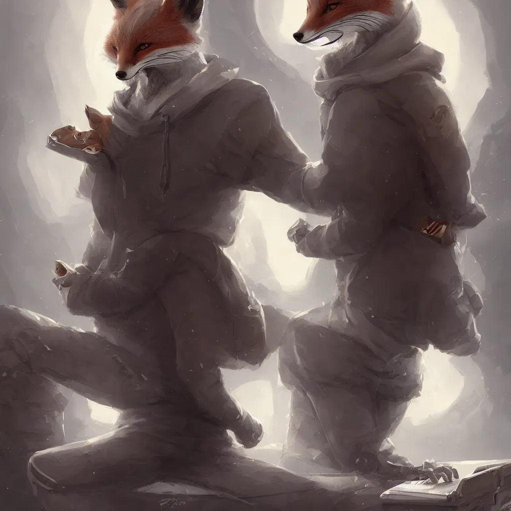 Image similar to an anthropomorphic fox wearing a hoodie and anonymous mask and sitting in front of a portable black computer, white background, concept art, digital painting, highly detailed, style by jordan grimmer and greg rutkowski, illustration