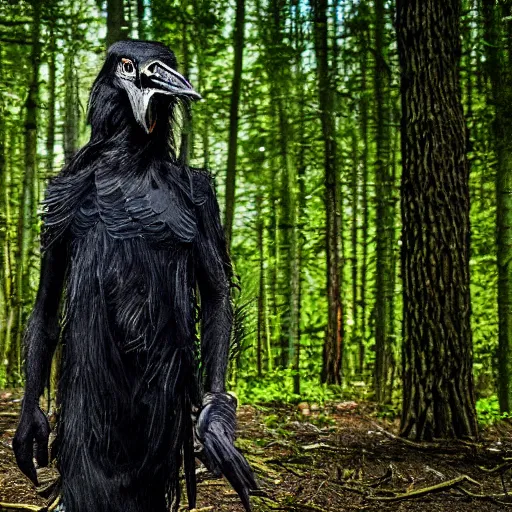 Image similar to werecreature consisting of a crow and a human, werecrow, photograph captured in a dark forest