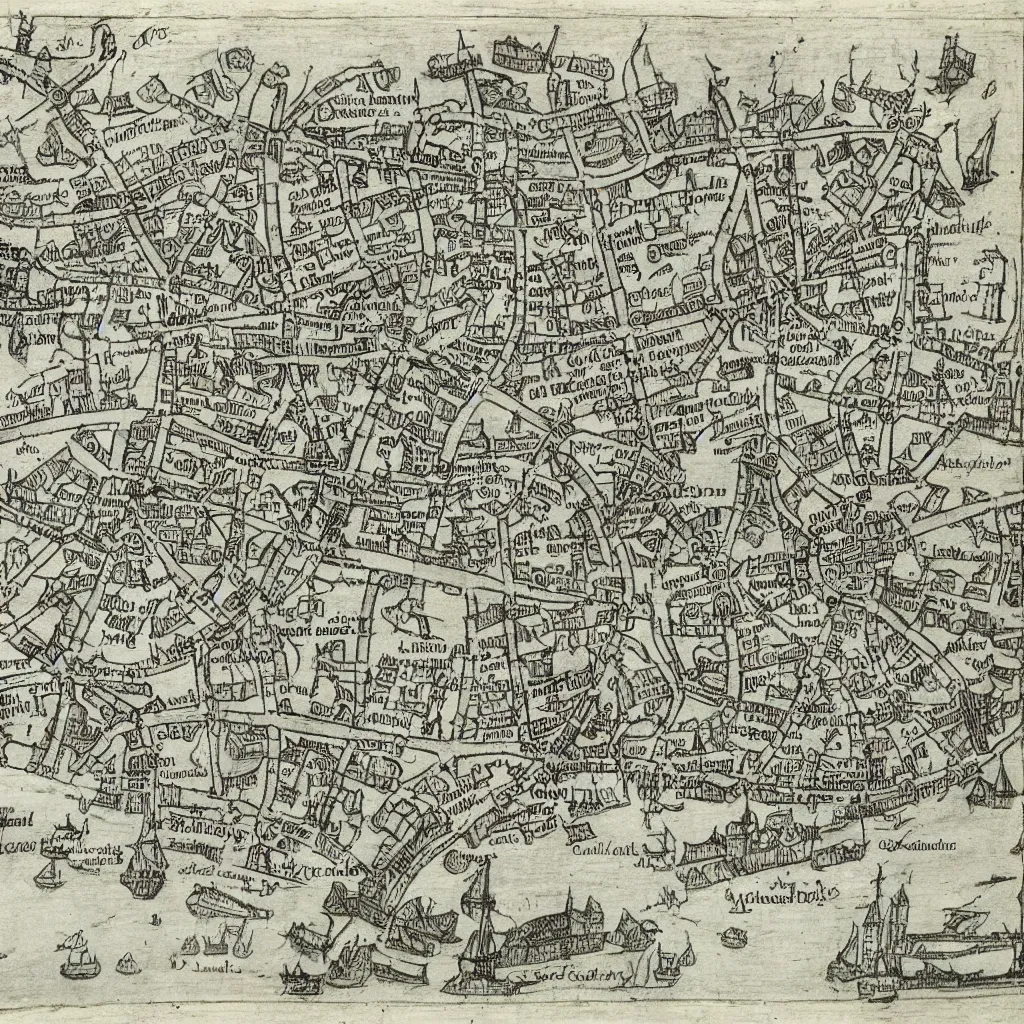 Image similar to medieval london with ports and road, map, technical drawing, schematic, diagram, manuscript