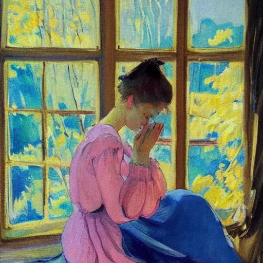 Image similar to a girl in a pink dress with folded hands with peaches and iphones sits at a table in a sunny room and looks at the camera, the window is open, there is a yellow forest outside the window, by valentin serov