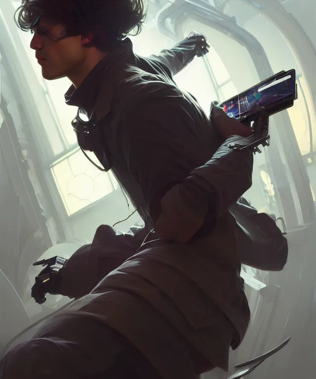 Image similar to Hacker man hacks computer, highly detailed, digital painting, artstation, concept art, smooth, sharp focus, illustration, art by artgerm and greg rutkowski and alphonse mucha