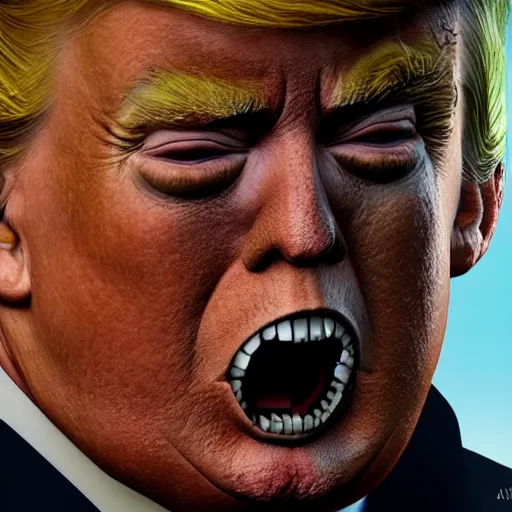 Prompt: an very detailed and ugly donald trump, horror art, super ugly, terrifying, by artgerm, hd, hdr, ue 5, ue 6, unreal engine 5, realistic anime 3 d style, cinematic 4 k wallpaper, 8 k, ultra detailed, gta cover art, high resolution, artstation, award winning