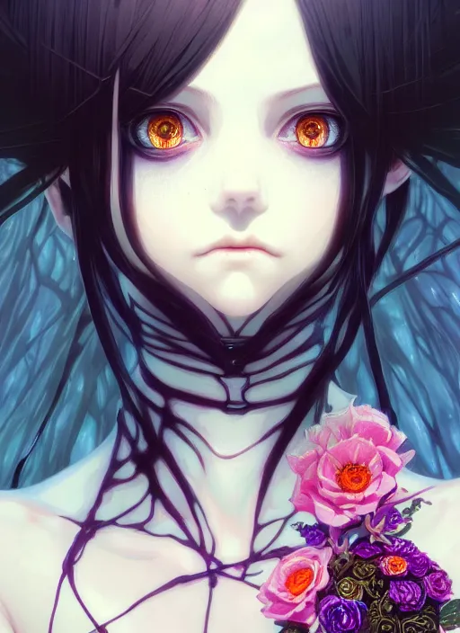 Image similar to portrait of beautiful gothic girl, cute face, intricate, highly detailed, digital painting, official media, anime key visual, concept art, rich vivid colors, ambient lighting, sharp focus, illustration, art by wlop and ilya kuvshinov and makoto shinkai and range murata and gustav klimt