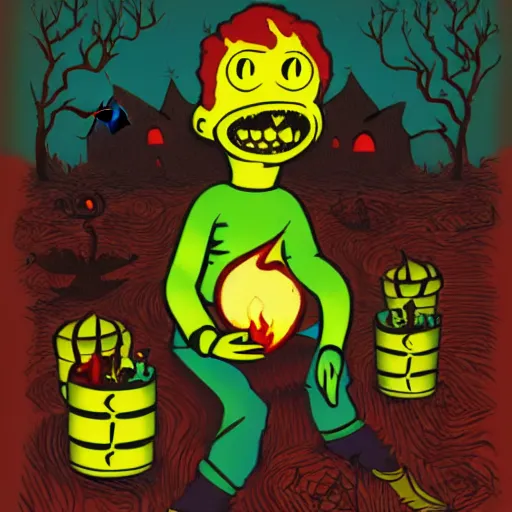 Prompt: spooky boy lit by campfire, illustration in the style of Jamie Hewlett, bold colors