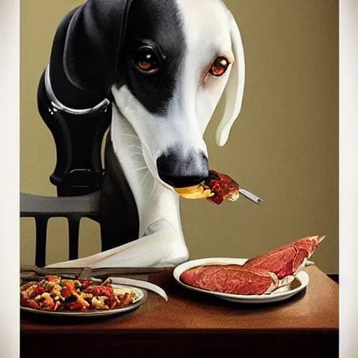 Prompt: A masterpiece portrait of a white greyhound. Greyhound is eating a steak with cutlery. Very detailed. intricate, elegant, highly detailed. trending on artstation, digital art, by Stanley Artgerm Lau, WLOP, Rossdraws, James Jean, Andrei Riabovitchev, Marc Simonetti, Yoshitaka Amano