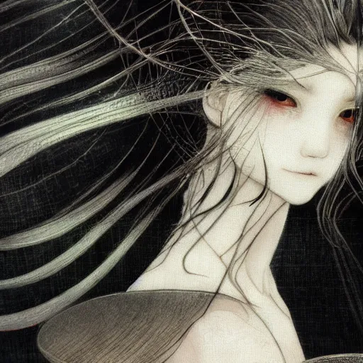 Image similar to yoshitaka amano blurred and dreamy realistic illustration of a japanese woman with black eyes, wavy white hair fluttering in the wind wearing elden ring armor with engraving, abstract patterns in the background, satoshi kon anime, noisy film grain effect, highly detailed, renaissance oil painting, weird portrait angle, blurred lost edges, three quarter view