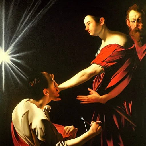 Image similar to painting portrait of bright light beams emanating from the eyes of a person, matte painting, masterpiece, by Caravaggio