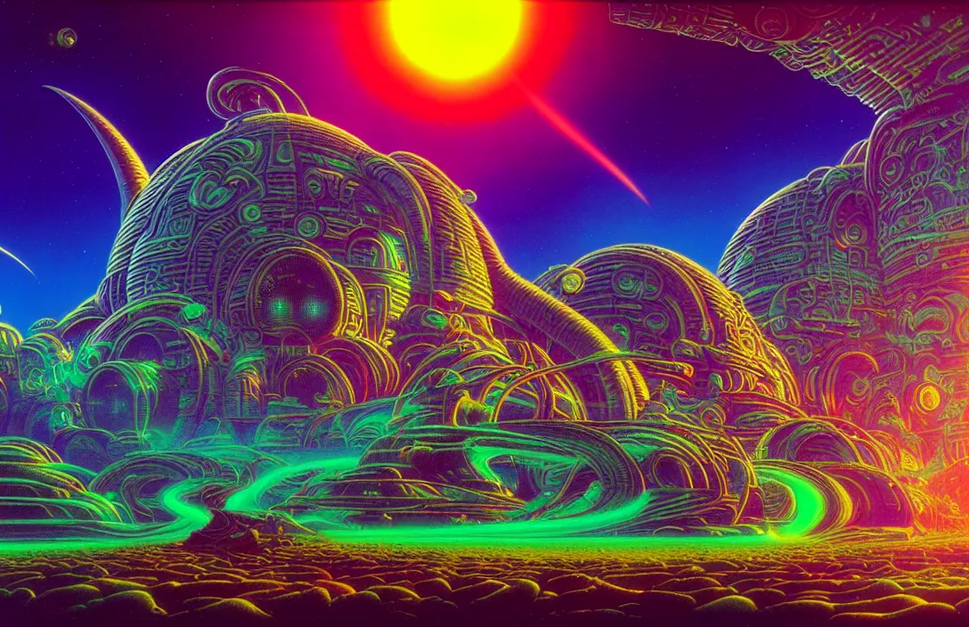 Prompt: cosmic sci - fi alien temple, infinite psychedelic waves, synthwave, bright neon colors, highly detailed, cinematic, panoramic, tim white, michael whelan, roger dean, bob eggleton, lisa frank, vladimir kush, kubrick, james gurney, giger