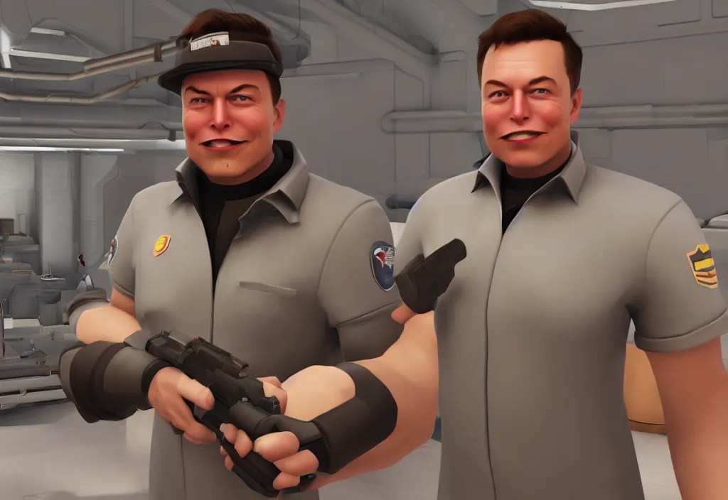 Image similar to elon musk in team fortress 2, elon musk in the video game team fortress, gameplay screenshot, close up, 3 d rendering. unreal engine. amazing likeness. very detailed.