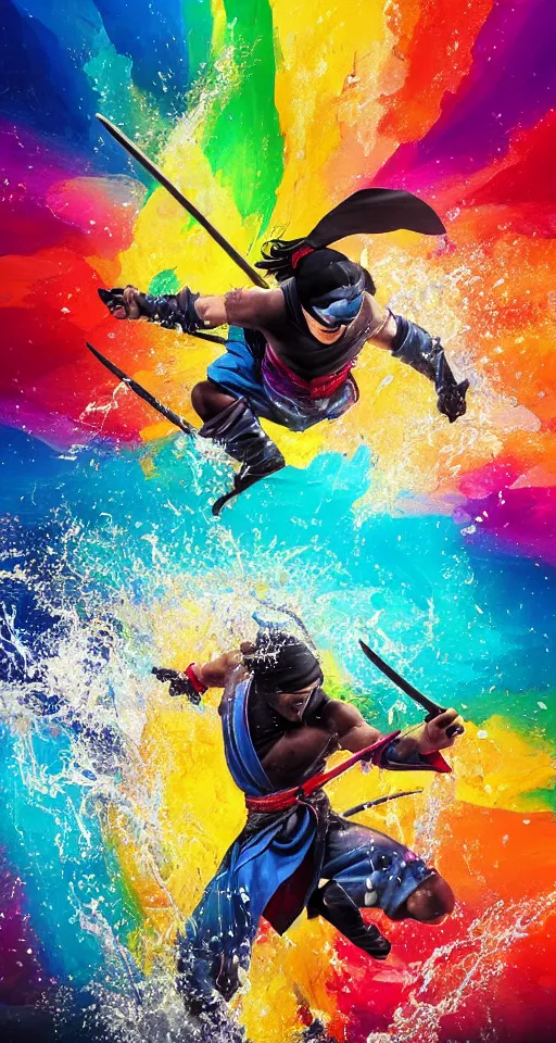Prompt: colorful beautiful abstract scene, ninja with katana of water wave, full body, water fists of fury, jumping leaping heroic attack, action scene, ultra detailed