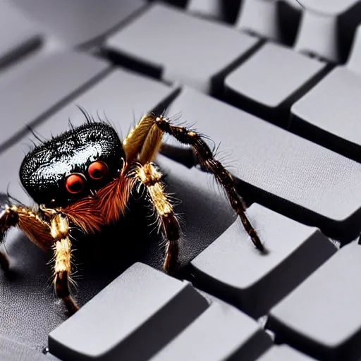 Prompt: a jumping spider, using a computer keyboard, by pixar, macro lens, iridescent
