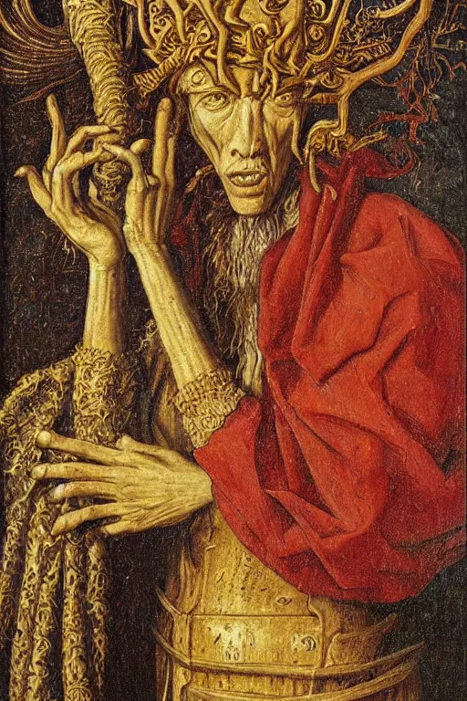Prompt: portrait of nyarlathotep, oil painting by jan van eyck, northern renaissance art, oil on canvas, wet - on - wet technique, realistic, expressive emotions, intricate textures, illusionistic detail