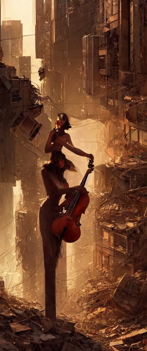 Prompt: a highly detailed portrait of a singular cellist playing in the rubble of a fallen building in a cyberpunk city, beautifully lit, concept art, sharp focus, in the style of steve argyle and edward hopper, artstation HD, artgerm, octane render