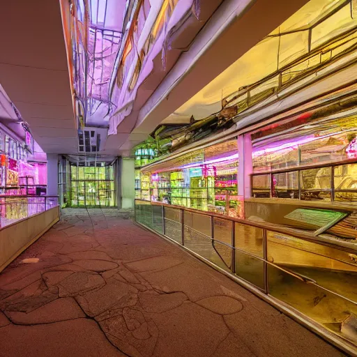 Prompt: biomaterial, architecture, futuristic, neon, pastel colors, hd 8 k, detailed, abandoned, overgrown, candy shop in a mall, candies, spilling