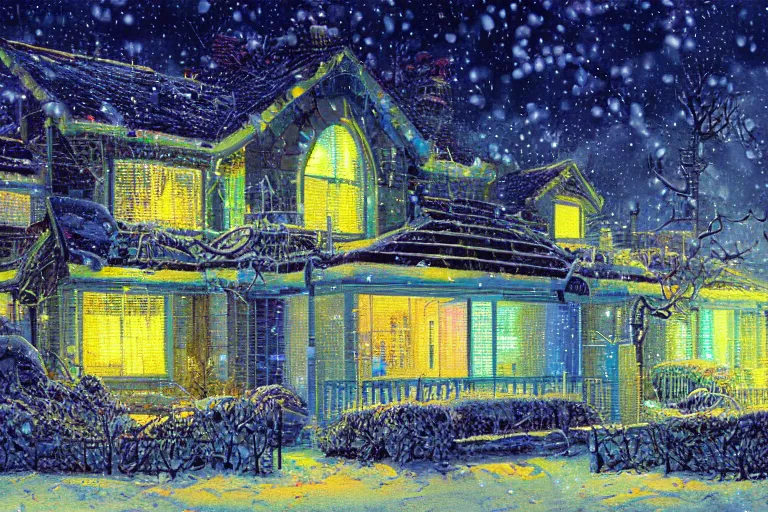 Prompt: cyberpunk, winter in the snow, Christmas lights, external view of a 5 bedroom detached cyberpunk house in the UK, by Paul Lehr