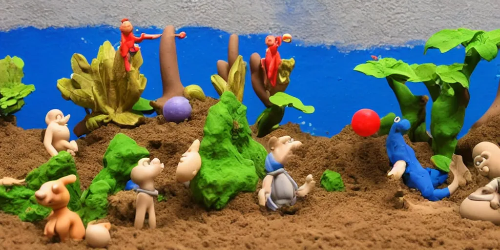 Prompt: plasticine model, clay figures. side view of tropical fish tank with sand and gravel wallace and gromit. tintin. where's wally. figures clay. water. aquatic photography. bubbles out of a shell