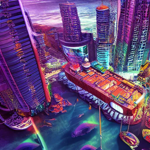 Image similar to Photorealistic whalepunk city. Hyperdetailed photorealism, 108 megapixels, amazing depth, glowing rich colors, powerful imagery, psychedelic Overtones, 3D finalrender, 3d shading, cinematic lighting, artstation concept art