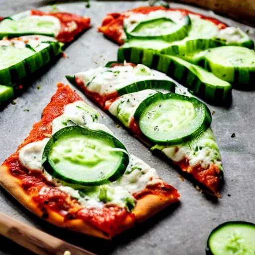 Prompt: pizza made from cucumber sprinkled with stones