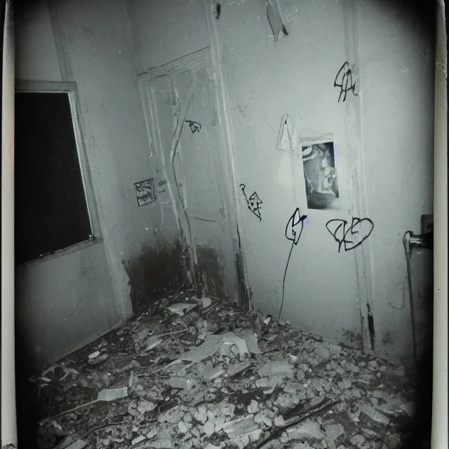 Image similar to found polaroid photo, flash, interior abandoned hospital, wired mutant creature standing