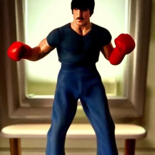 Prompt: rocky balboa holding a playstation!! controller!! video game console