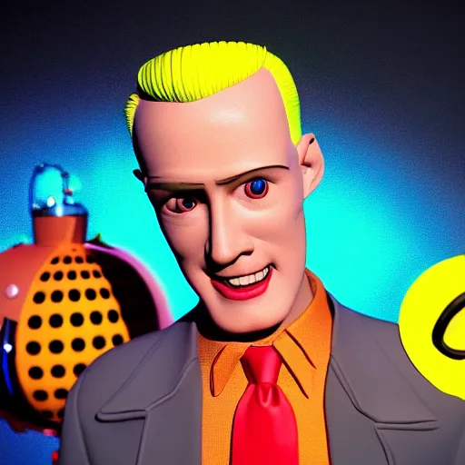 Image similar to a 3 d render of max headroom in peewee's playhouse, octane render, unreal engine, hyperrealism, 8 k, trending on artstation, ultra detailed, volumetric lighting, dramatic lighting, lasers, neon