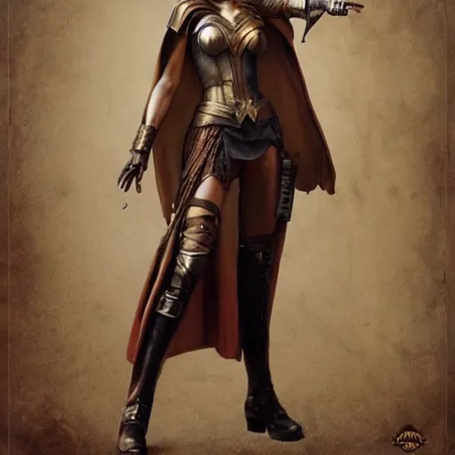 Image similar to highly detailed steampunk gal gadot standing, cape, bo staff : leonardo da vinci, greg rutkowski, magali villeneuve