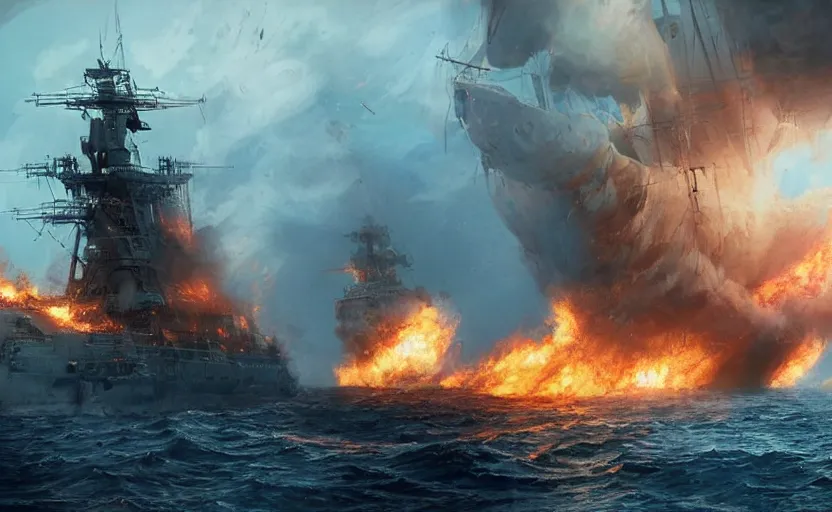 Image similar to distant cinematic shot of a burning Russian warship sinking in the middle of the ocean, concept art, сinematic lighting, insanely detailed, smooth, sharp focus, Artstation, 8k, unreal engine, hyper realistic, steampunk style, bright background, moonlight, volumetric lighting, wallpaper, digital illustration by Ruan Jia and Mandy Jurgens and Artgerm and Wayne Barlowe and Greg Rutkowski and Zdislav Beksinski