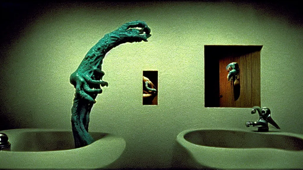 Prompt: the creature in the sink, they taunt me, film still from the movie directed by wes anderson and david cronenberg with art direction by salvador dali and zdzisław beksinski, wide lens