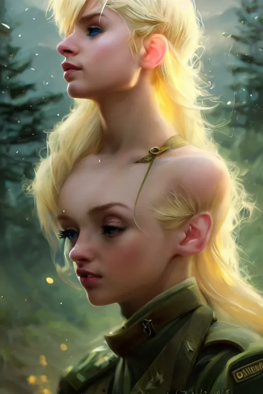 Image similar to cinematic shot of an epic portrait of a cute blonde fairy dressed in military clothes, stylised military clothes, shiny skin, beautiful eyes, beautiful, small details, night setting, realistic poster with volumetric light from craig mallism, artgerm, jeremy lipkin and michael garmash, unreal engine, radiant light, digital art, trends at art station, a masterpiece