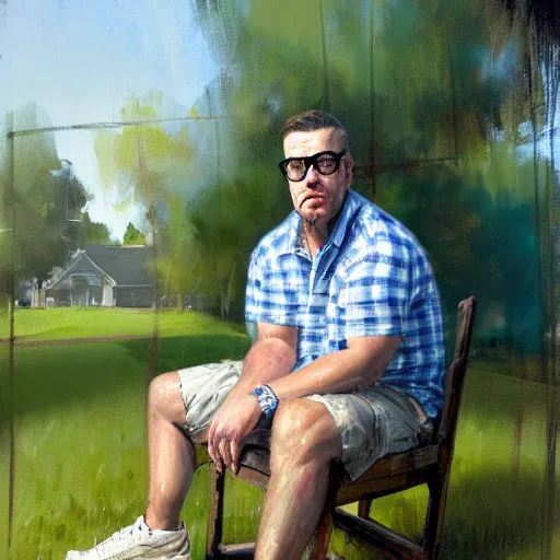 Prompt: painting of a stocky man with light brown swept back short hair and dark glasses, wearing a blue plaid shirt and khaki shorts, sitting in chair, in front of a decaying white picket fence, by jeremy mann, stylized, detailed, realistic, loose brush strokes