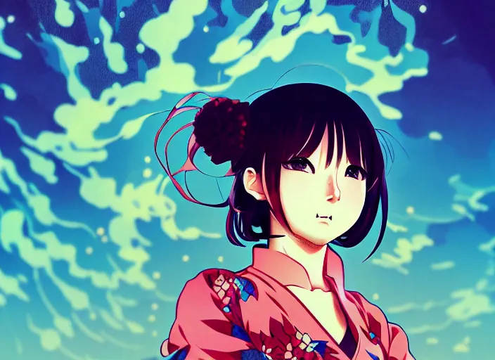 Image similar to yoh yoshinari editorial illustration colorful anime portrait of shiina ringo, murata range, manga, ilya kuvshinov, fine texture, detailed, matte colors, perfect anime face, cinematic dramatic lighting, film grain, dynamic composition, moody, vivid, volumetric, alphonse mucha, stippled lighting