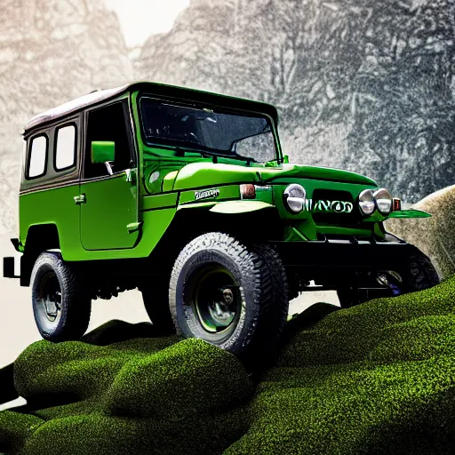 Image similar to closeup of a green Toyota Fj43 build in 1981, traveling through the mountains, black roof, with a roof rack, detailed, in the style of Leonardo da Vinci, 8K, octane render, 8K,