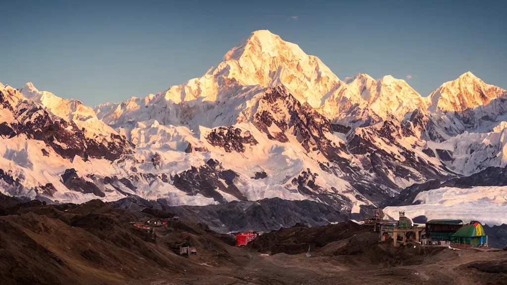 Prompt: sunset moody picture of the Himalayan mountain range with a large McDonalds restaurant ilocated on a glacier in the front middle of the picture, landscape photography