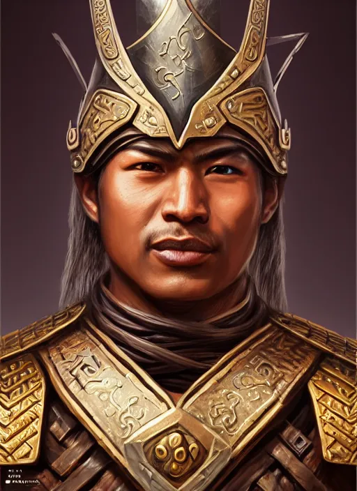 Image similar to smart breadtai warlord, closeup portrait, historical hero, ethnic group, tai costume, bronze headdress, intricate, with leather armor cross on chest, cotton textile, elegant, loin cloth, highly detailed, oil painting, artstation, concept art, matte, sharp focus, illustration, hearthstone, art by earl norem