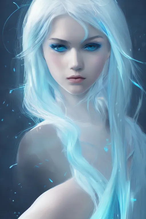Image similar to teen girl, light blue white hair, gorgeous, amazing, elegant, intricate, ocean, highly detailed, digital painting, artstation, concept art, sharp focus, illustration, art by Ross tran